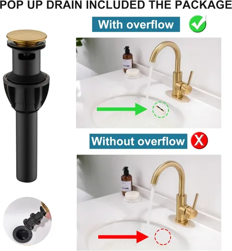 Miniatura 2 de Grifos de Baño Dorados – Grifo de Lavabo de Cascada de Un Solo Agujero con Conjunto de Drenaje, Grifos de Baño de Cascada de Oro Cepillado con Caño