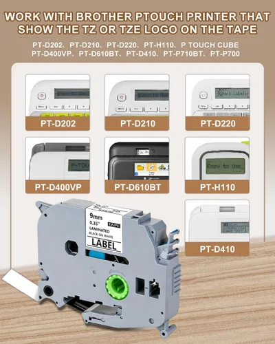 Miniatura 2 de Weemay Paquete de 4 cintas TZe-221 TZe221 compatibles con Brother TZ 0.354 in 0.35 cinta blanca laminada TZe TZ TZ221 TZ-221 3/8 etiqueta laminada