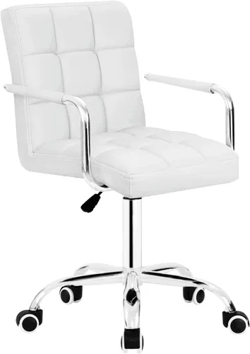 JUMMICO Silla de oficina moderna con ruedas, silla de tocador de piel sintética, respaldo medio, linda para oficina, adolescentes y escritorios de