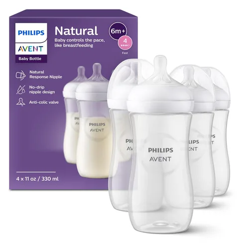 Philips AVENT - Biberón natural con boquilla de respuesta natural, transparente, 11 onzas, paquete de 4, SCY906/04