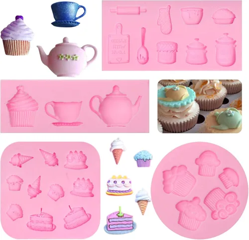 Molde de fondant para cupcakes, 4 paquetes de moldes de silicona para taza de café para decoración de tartas de fiesta de té, adornos de cupcakes,