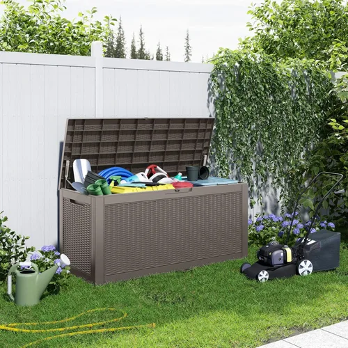 Miniatura 3 de Caja de cubierta para exteriores de 120 galones, cajas de almacenamiento impermeables con cerradura para herramientas de jardín, cojines de Gris