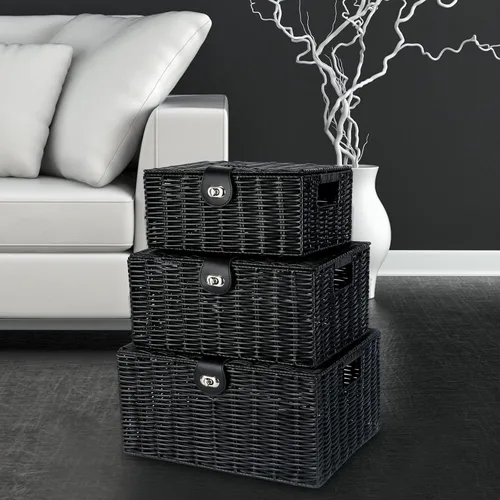 Miniatura 7 de Honygebia - Canastas de almacenamiento de mimbre negro - Juego de 3 cajas decorativas anidadas con tapas, canasta tejida con cerradura y asa