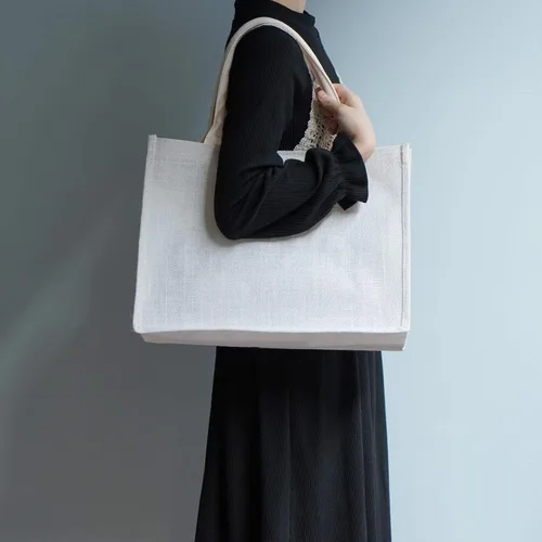Miniatura 5 de Segarty Bolsas de mano, paquete de 6 bolsas grandes de yute blanco reutilizables de lona para regalos con asas, bolsa en blanco a granel para dama