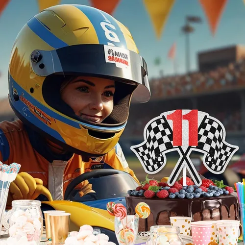 Miniatura 5 de Decoración para pastel de carreras de cumpleaños número 11, bandera a cuadros, rápido, decoración de automóvil, fiesta de cumpleaños de corredor