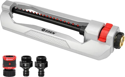 Eden 94110 Aspersor oscilante de metal resistente, cubre hasta 3,315 pies cuadrados, 18 boquillas de precisión, rango ajustable, paquete de conexión