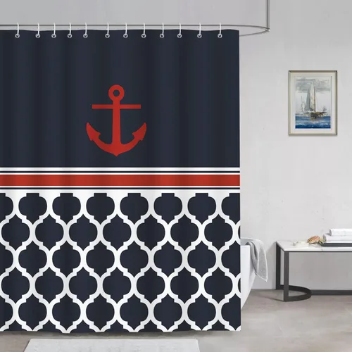 Miniatura 2 de Bonhause Cortina de ducha con ancla náutica, cortina de baño geométrica azul marino, 72 x 72 pulgadas, tela de poliéster, cortina de baño