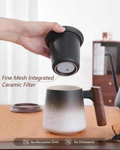 Miniatura 4 de ZENS Taza de té con infusor y tapa para té de hojas sueltas, taza de té de cerámica en relieve de 14.5 onzas con coladores finos y mango de madera