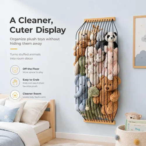 Miniatura 9 de Organizador de madera para almacenamiento de animales de peluche, para habitación de niños, lindo y duradero para pared o puerta, longitud Negro