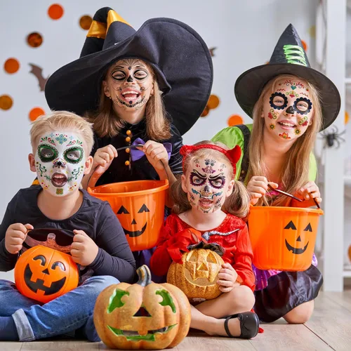 Miniatura 6 de Tatuajes faciales temporales de Halloween (paquete de 8 unidades), Konsait Día de los Muertos, calavera de azúcar, floral, negro, esqueleto, red