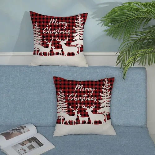 Miniatura 6 de Fundas de almohada navideñas de 18x18 pulgadas, paquete de 2, cuadros búfalo rojo y negro con ciervo, fundas de almohada decorativas, decoración