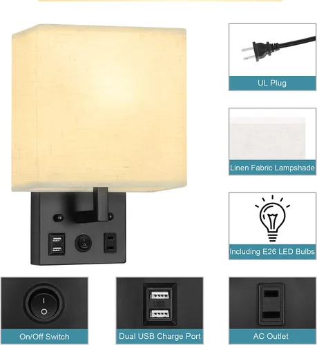 Miniatura 3 de Juego de 2 apliques de pared negros para dormitorio, aplique de pared enchufable con puertos USB y tomas, lámpara de pared moderna para espejo