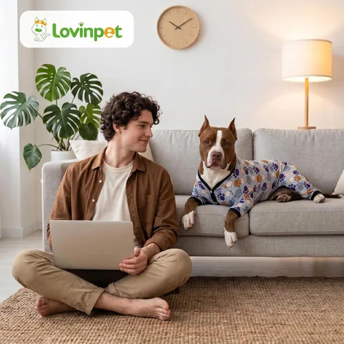 Miniatura 7 de LovinPet Mameluco para perros de razas grandes, pijama para perro, tela elástica ligera, camisa de manga larga para perro, estampado Paw-Some gris