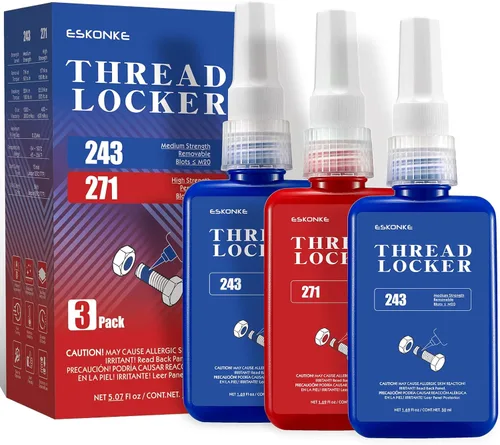 ESKONKE Paquete de 3 Fijador de Roscas Azul 243 + Rojo 271 Removible y Permanente de Bloqueo 5.07 Fl oz Tuercas y Pernos Sellador de Roscas y Cierre