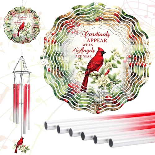 Cardinal Gifts - Campanillas de viento de metal con molinillos de viento 3D para exteriores, jardín, patio, césped, patio, balcón, decoración para