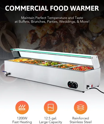 Miniatura 9 de WILPREP Calentador de alimentos comercial de 5 bandejas, mesa de vapor de 50 cuartos de galón, bandeja de calentamiento eléctrico de 1200 W