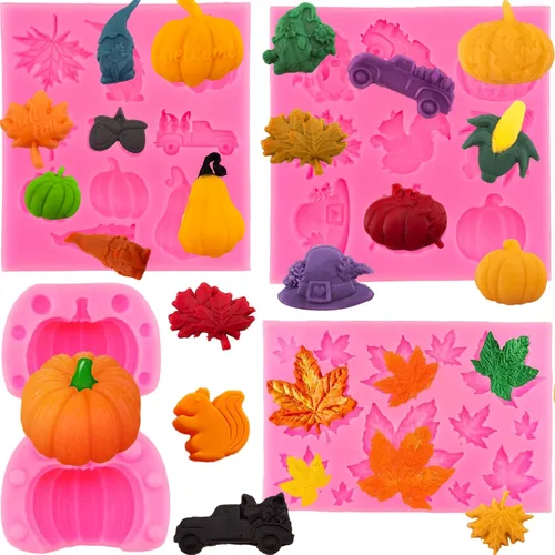 5 moldes de silicona para otoño, Acción de Gracias, calabaza, hojas de arce, fondant, mini calabaza 3D, chocolate, caramelo, pastel, pasteles para