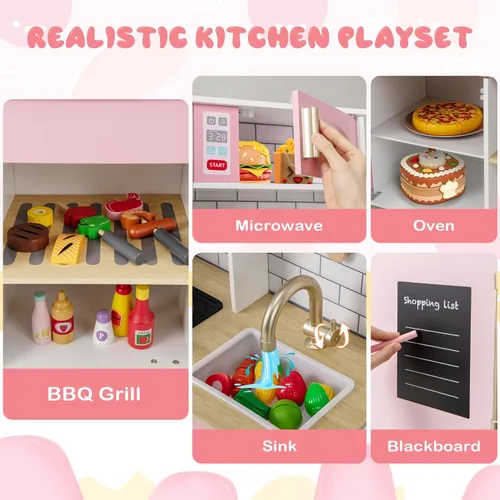 Miniatura 3 de Costzon Juego de Cocina Infantil de Madera, Cocina de Simulación con Parrilla BBQ, Fabricador de Hielo, Campana Extractora, Pizarra y Accesorios