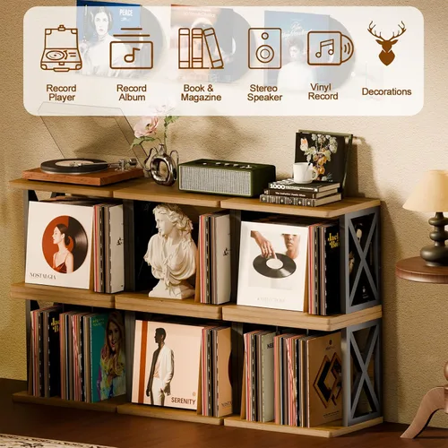 Miniatura 2 de Soporte para discos de vinilo de 80 a 100 libras, soporte de vinilo apilable, soporte para tocadiscos de 2 niveles, soporte giratorio de madera