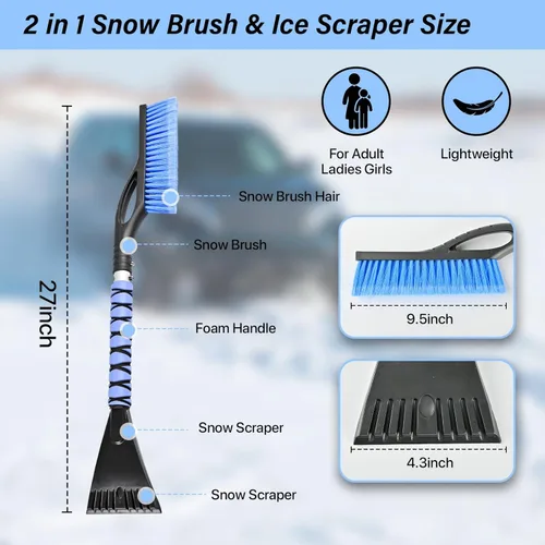 Miniatura 4 de Cepillo de nieve de 27 pulgadas y raspadores de hielo desmontables giratorios, cabezal de cerdas suaves, agarre de espuma, herramienta para ventana