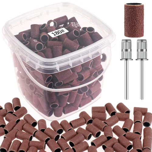 Bandas de lijado para taladro de uñas, bandas de lijado de uñas de grano 180, 200 bandas de lijado fino profesional marrón y 2 brocas de uñas para
