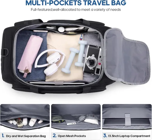 Miniatura 4 de Bolsa de gimnasio para hombres y mujeres con compartimento para zapatos y laptop, bolsa de viaje deportiva 3 en 1, mochila antirrobo para avión