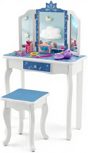 GLACER Vanity - Tocador de maquillaje 2 en 1 con parte superior desmontable, espejo de tres pliegues, cajón, taburete, juego de mesa y silla para