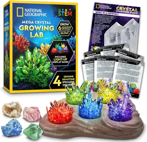 National Geographic - Kit de cultivo de megacristales para niños, 6 cristales con soporte iluminado, regalos de ciencia para niños de 8 a 12 años,
