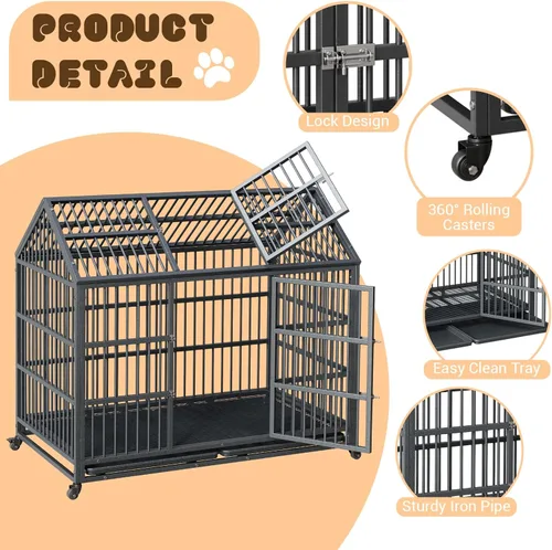 Miniatura 3 de 52-Inch Escape-Proof Dog Crate, Indestructible Steel Dog Kennel with Locking Wheels, Anxiety Relief Pet Cage for Medium/Large Dogs, Indoor/Outdoor
