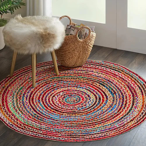 Miniatura 4 de Alfombra redonda de yute tejida a mano de 3 pies - Alfombras bohemias coloridas para sala de estar - Alfombra bohemia multicolor trenzada a mano
