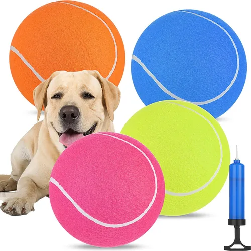 Leyndo 4 pelotas inflables gigantes de tenis/fútbol para perros con aguja de bombeo de 9.5 pulgadas, pelota de goma gigante para exteriores e