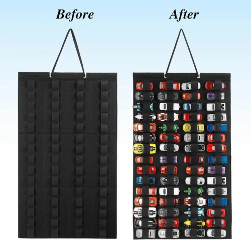 Miniatura 2 de Organizador de almacenamiento colgante para autos de juguete, vitrina de fieltro con capacidad para 60 autos de juguete (sin accesorios) (negro)