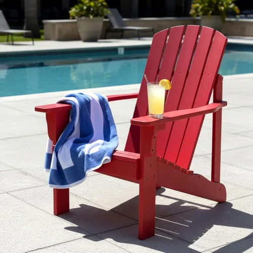 Miniatura 2 de Shine Company Silla Adirondack de madera moderna Mid-Century para patio al aire libre, respaldo y asiento premontado, rojo chile