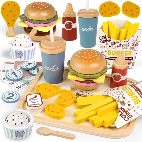 Juguetes de comida de madera para niños pequeños, juegos de simulación de 3 a 5 años, accesorios de cocina de juguetes educativos de madera, regalo
