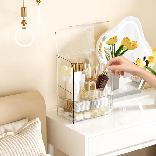 Miniatura 4 de GearFusion Organizador de Cosméticos Transparente de 3 Niveles, Estuche Expositor de Maquillaje con Tapa y Cajones, Caja de Almacenamiento