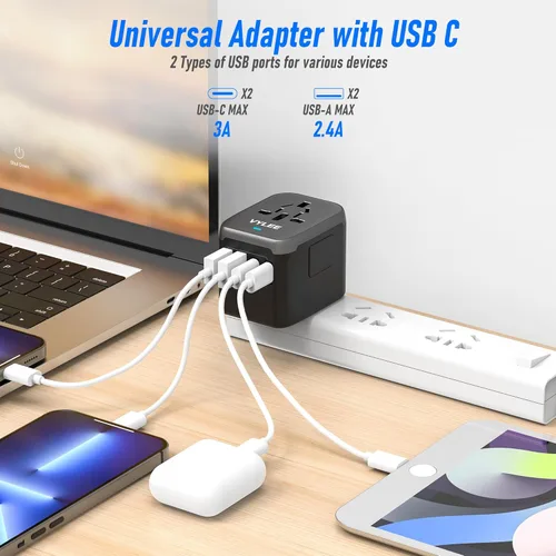 Miniatura 2 de VYLEE - Adaptador de viaje universal, adaptador de corriente internacional 5 en 1, cargador de pared 3.5A 2xUSB-A y 2 USB C, enchufe esencial