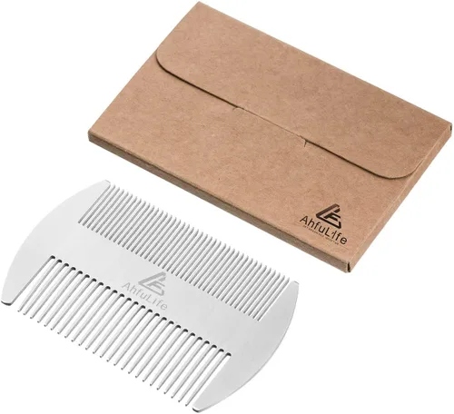 Miniatura 7 de AhfuLife Peine de metal para cabello y barba de acero inoxidable, peine antiestático de doble acción, peines de tamaño de tarjeta de crédito