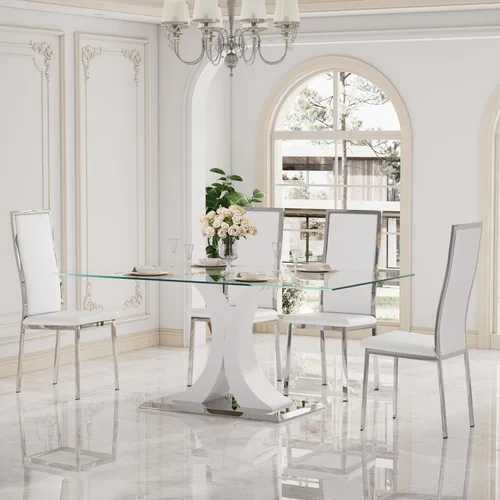 Miniatura 12 de Moderno juego de mesa de comedor rectangular de vidrio para 4, 63 pulgadas, mesa transparente de cocina de lujo con base negra y dorada, 4 sillas