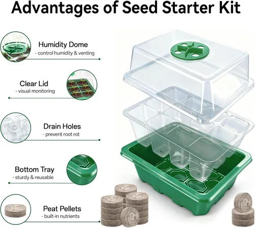 Miniatura 3 de Halatool Paquete de 4 bandejas de inicio de semillas con 50 pellets de turba, 48 celdas de semillas verdes para semillas orgánicas, vainas de tierra