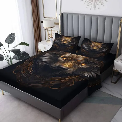 Juego de sábanas Queen – Sábanas de cama de lobo, sábanas y fundas de almohada de color negro y dorado, microfibra suave, bolsillo profundo y sin