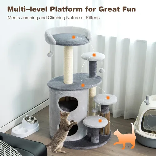 Miniatura 3 de Tangkula Árbol para gatos de interior, torre para gatos de varios niveles de 40 pulgadas con postes rascadores, percha superior, bolas de piel