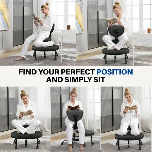 Miniatura 3 de Silla de oficina con patas cruzadas con ruedas, silla ergonómica arrodillada con soporte lumbar y altura ajustable para meditación, escritorio
