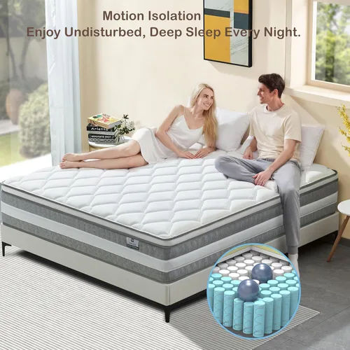 Miniatura 4 de Colchón King híbrido tamaño King de 14 pulgadas con espuma viscoelástica y resortes individuales para aislamiento de movimiento, alivio de presión