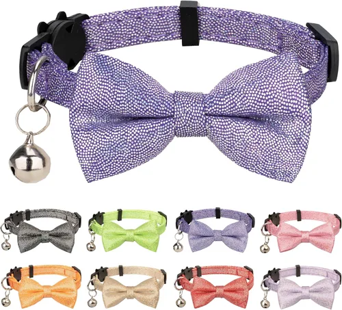 Miniatura 10 de Collar de gato con pajarita brillante para gatos, campanilla, fiesta, boda, fiesta, brillante, 7-11 pulgadas, niña, niño, mascota, color liso