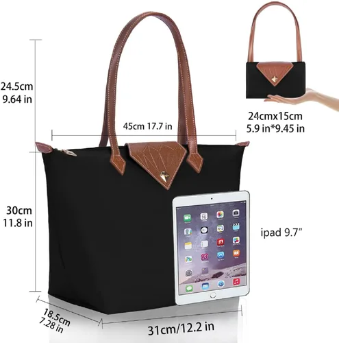 Miniatura 2 de Bolso de mano para mujer, bolso de hombro de nailon ligero grande y bolso de trabajo de viaje, plegable con asa superior con cremallera