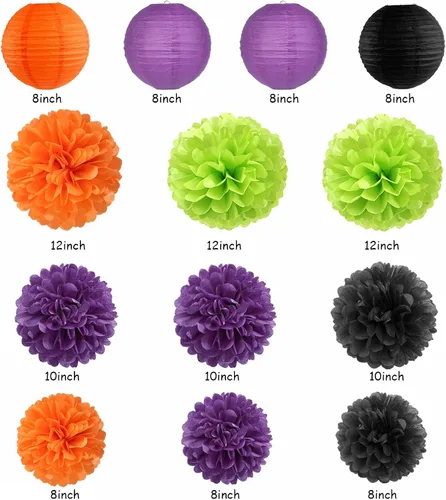 Miniatura 3 de Decoraciones de Halloween en negro, púrpura y naranja-verde - 20 piezas de linternas de papel, pompones de seda, bolas de panal, decoración