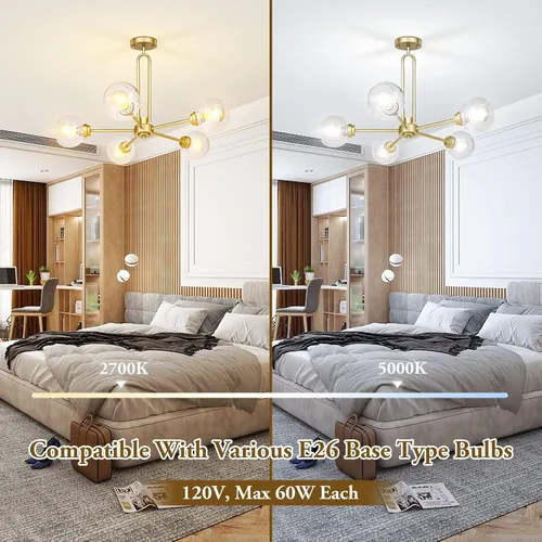 Miniatura 8 de Lámpara colgante con forma de globo, moderna lámpara de techo semiempotrada dorada con vidrio transparente, lámpara Sputnik de 5 luces para comedor