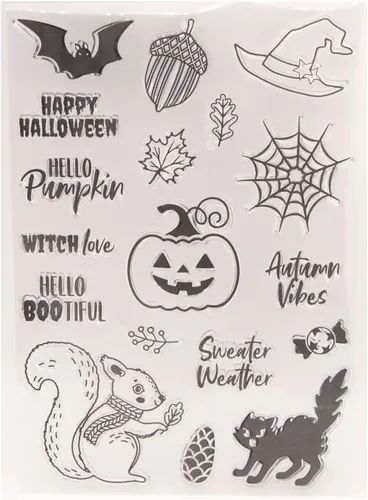 Miniatura 5 de Sellos transparentes de calabaza de Halloween para hacer tarjetas o diarios, frases de Halloween, ardilla, nueces, gatos, murciélagos, sellos