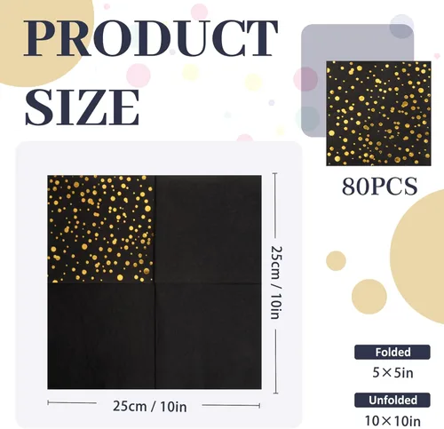 Miniatura 2 de Paquete de 80 servilletas de cóctel de papel negro con confeti de lunares de lámina dorada, suministros de fiesta de lunares (5 x 5 in, 3 capas)