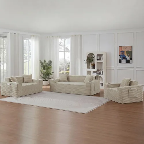 Miniatura 10 de Sofá sin hueso de 66.5 pulgadas con portavasos y bolsillos laterales, sofá biplaza tapizado de tela de pana moderna con 2 almohadas para sala